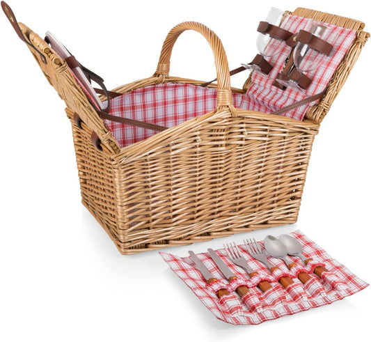 Piccadilly Picnic Basket - Romantic Picnic Basket for 2 with Picnic Set, (Red & White Plaid Pattern)