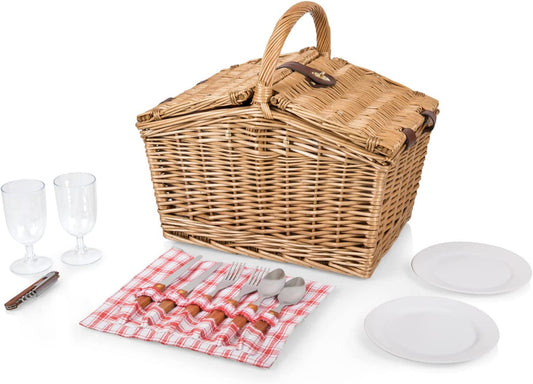 Piccadilly Picnic Basket - Romantic Picnic Basket for 2 with Picnic Set, (Red & White Plaid Pattern)