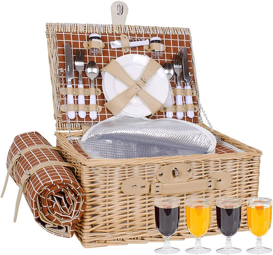 Picnic Basket Set With Mat，Picnic Set Hamper for 4